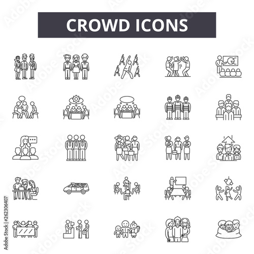 Crowd line icons, signs set, vector. Crowd outline concept illustration: crowd,group,human,person,team,office,people,social,manager