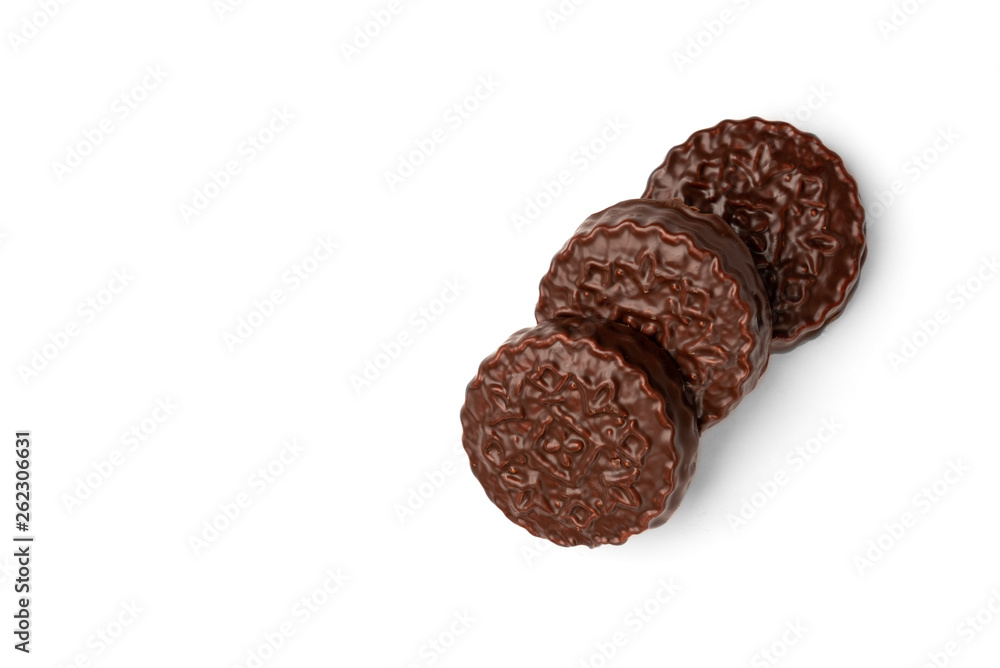 Chocolate cookies with boiled condensed milk isolated on white background. Chocolate pie. Chocolate cookies with boiled condensed milk isolated on white background. Chocolate pie.