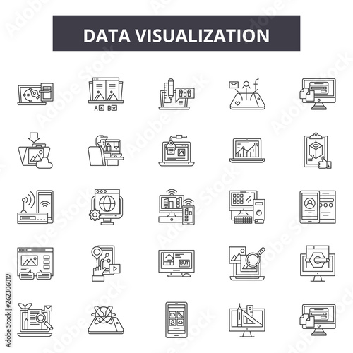 Data visualization line icons, signs set, vector. Data visualization outline concept illustration: data,information,devisualization,business,graphic,web