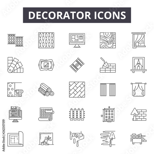 Decorator line icons, signs set, vector. Decorator outline concept illustration: decorator,paint,depainter,work,renovation,symbol