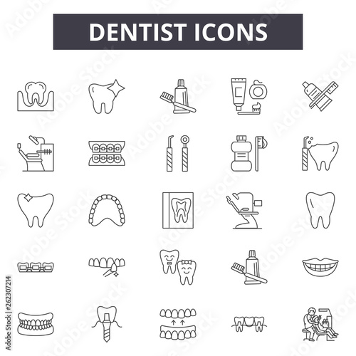 Dentist line icons, signs set, vector. Dentist outline concept illustration: dentist,tooth,dental,implant,toothbrush,medical