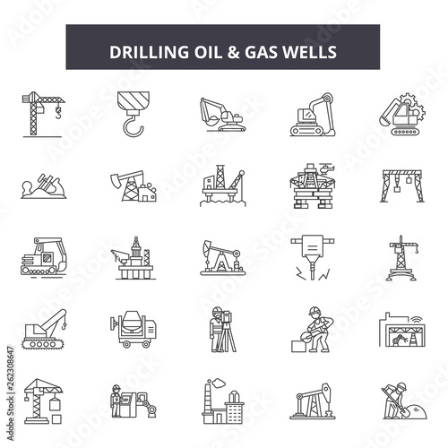 Drilling oil line icons, signs set, vector. Drilling oil outline concept illustration: fuel,gas,oil,gasopetroleum,industry,energy,refinery
