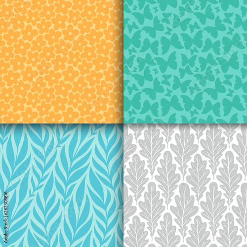 Abstract decorative doodle nature seamless patterns set. Hand drawn silhouette flowers, branches, leaves textures. Simple vector universal background. Vintage feminine colors