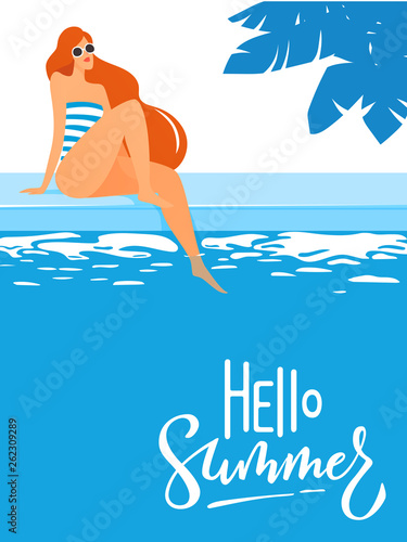 Summer poster with young woman in a swimming pool