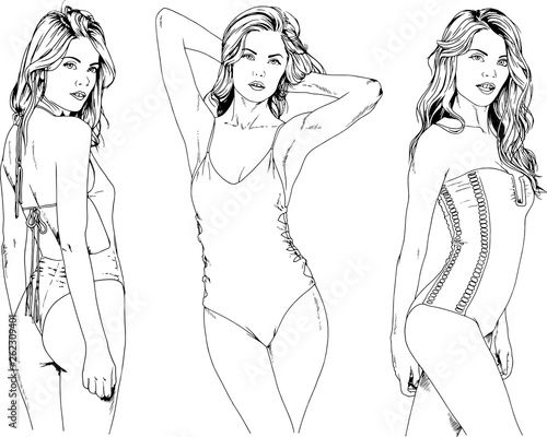 vector drawings sketches beautiful girls blondes in swimsuits in sexual poses drawn in ink by hand , objects with no background 