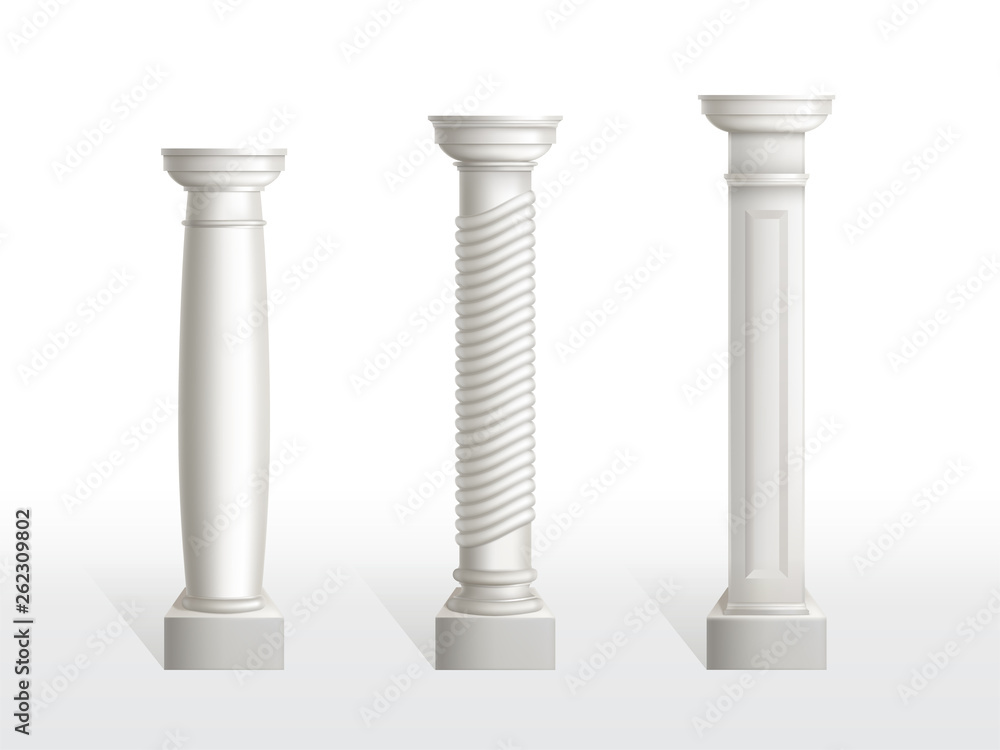 Antique columns set isolated on white background. Ancient classic pillars of roman or greece architecture with ornament for interior or facade. Joinery elements. Realistic 3d vector illustration.