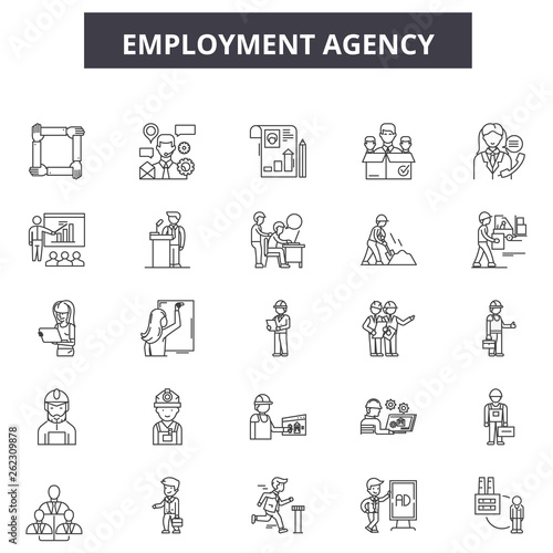 Employment agency line icons, signs set, vector. Employment agency outline concept illustration: employment,job,agency,human,business,employee,people,manager,management