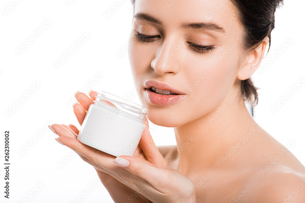 pretty woman holding container with cosmetic cream isolated on white pretty woman holding container with cosmetic cream isolated on white