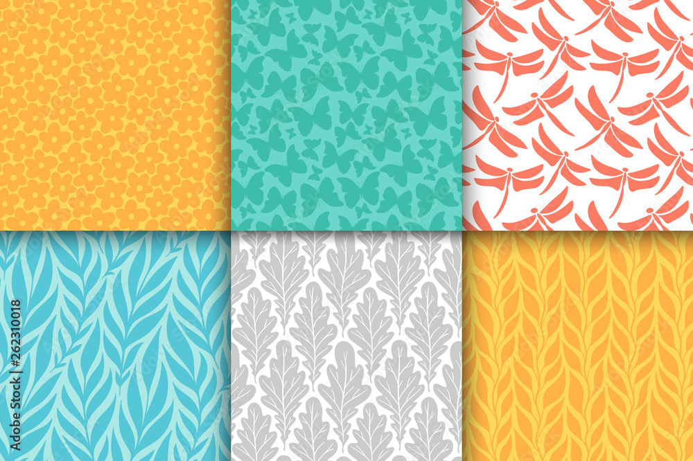 Abstract decorative doodle nature seamless patterns set. Hand drawn silhouette flowers, branches, leaves textures. Simple vector universal background. Vintage feminine colors Abstract decorative doodle nature seamless patterns set. Hand drawn silhouette flowers, branches, leaves textures. Simple vector universal background. Vintage feminine colors