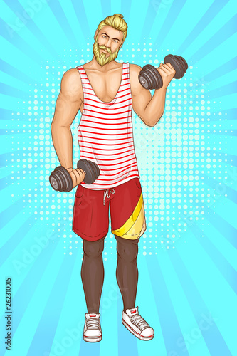 Bearded hipster man in striped singlet and shorts doing fitness exercises with dumbbells on blue background in pop art retro book comic style. Healthy sportsman pumping muscles. Vector Illustration.