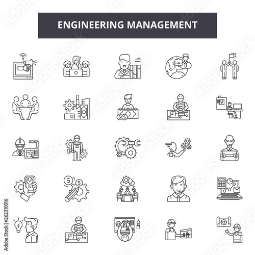 Engineering management line icons, signs set, vector. Engineering management outline concept illustration: business,engineering,management,work,manager,engineer,project