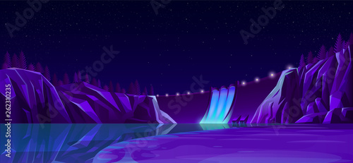 Power dam at night. Hydroelectric weir with road lights, rocks and discharge flood water falling into river. Beautiful landscape under starry sky in purple neon colors. Cartoon vector illustration.