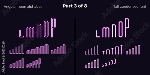 Condensed purple neon font, Angular. Vector Set