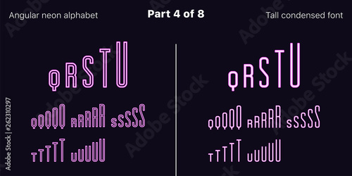Condensed purple neon font, Angular. Vector Set