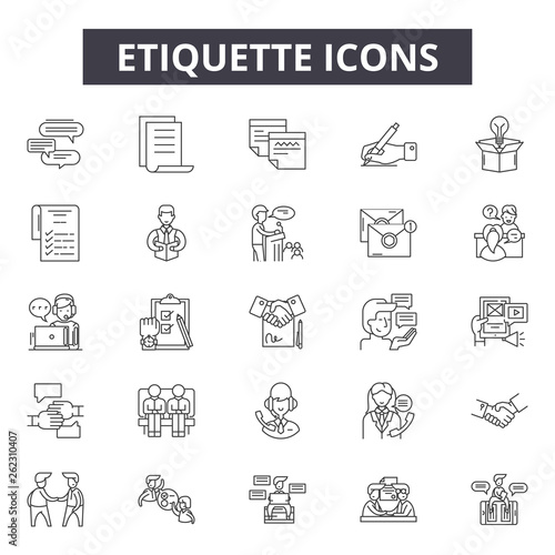 Etiquette line icons, signs set, vector. Etiquette outline concept illustration: etiquette,flat,isolated,derestaurant