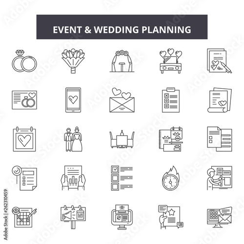 Event & wedding planner line icons, signs set, vector. Event & wedding planner outline concept illustration: wedding,planner,event,marriage,plan,bride,love,ceremony