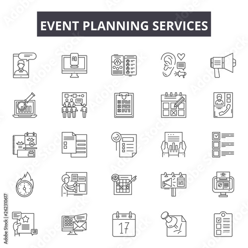 Event planning services line icons, signs set, vector. Event planning services outline concept illustration: marketing,planning,business,event,management,calendar,flat