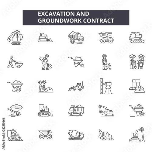 Excavation and grounwork line icons, signs set, vector. Excavation and grounwork outline concept illustration: industry,industrial,heavy,work,isolated,digger,metal photo