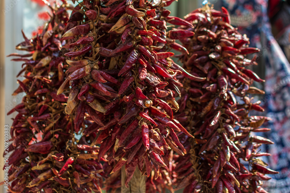 dried red hot chili peppers in the market