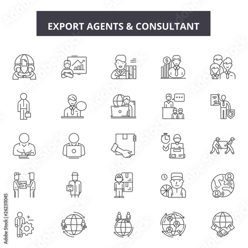 Export agents line icons, signs set, vector. Export agents outline concept illustration: export,agent,transportation,cargo,transport,shipping,delivery,international