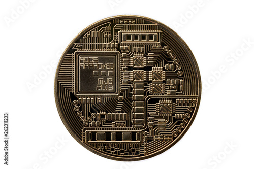 Back side of golden bitcoin coin isolated on white background