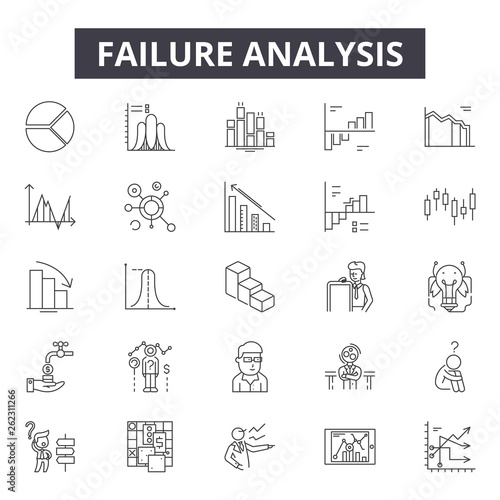 Failure analysis line icons, signs set, vector. Failure analysis outline concept illustration: analysis,business,failure,graph,down,data,financial,chart,symbol