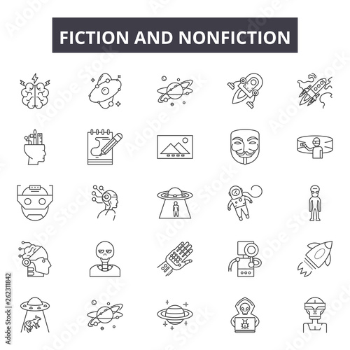 Fictioin and nonfiction line icons, signs set, vector. Fictioin and nonfiction outline concept illustration: nonfiction,fiction,novel,delibrary,education