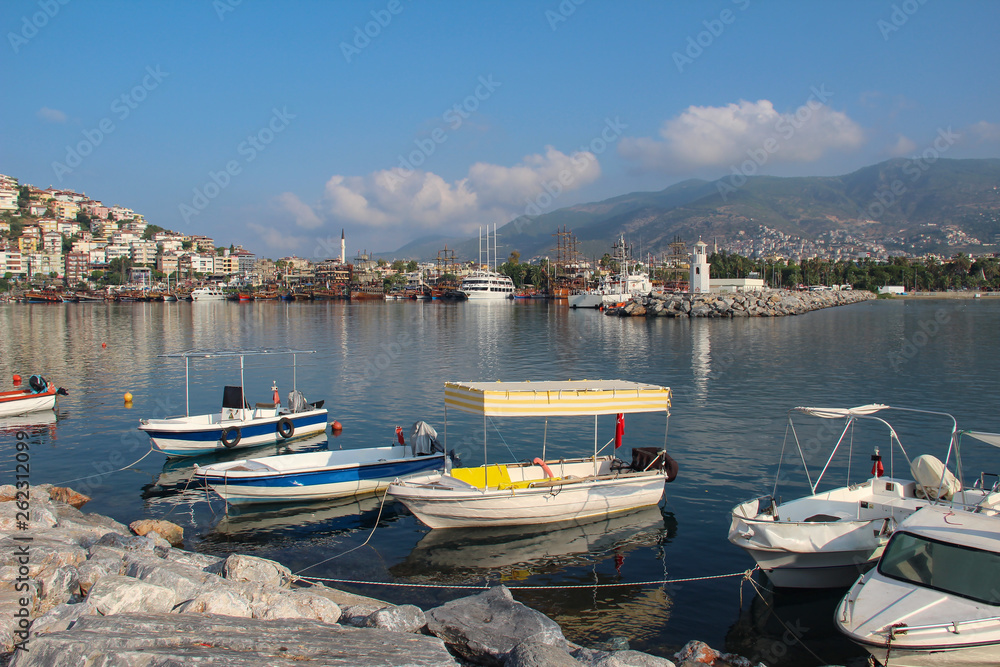 Panoramic view of Alanya harbor with a lot of boats