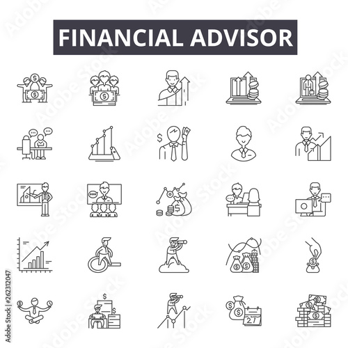 Financial advisor line icons, signs set, vector. Financial advisor outline concept illustration: financial,advisor,business,investment,finance,money,businessman