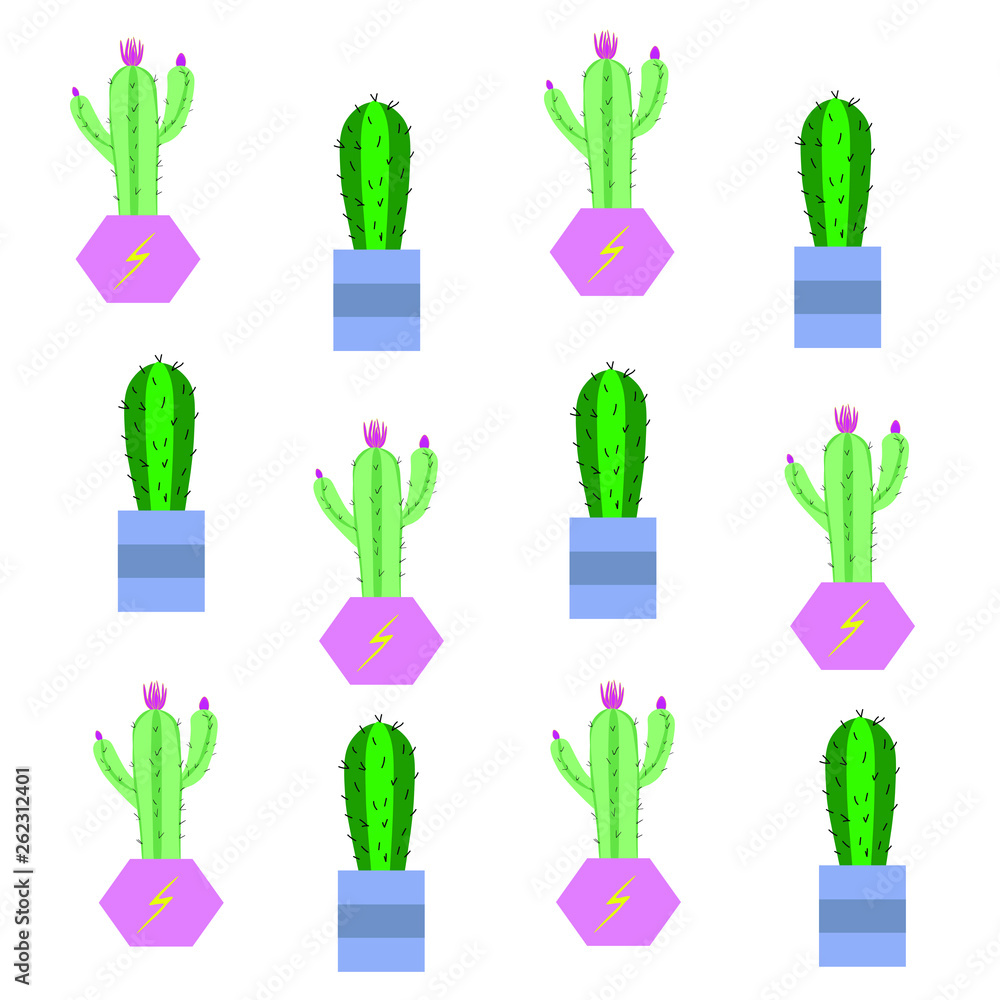 Fototapeta premium Vector illustration. Colorful pattern with cactuses. White background. 