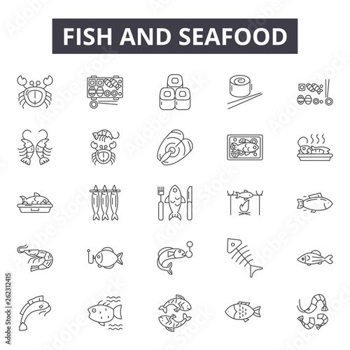 Fish and seafood line icons, signs set, vector. Fish and seafood outline concept illustration: seafood,food,fish,restaurant,sea