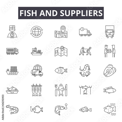 Fish and suppliers line icons, signs set, vector. Fish and suppliers outline concept illustration: fish,nature,food,pet,cat,dog
