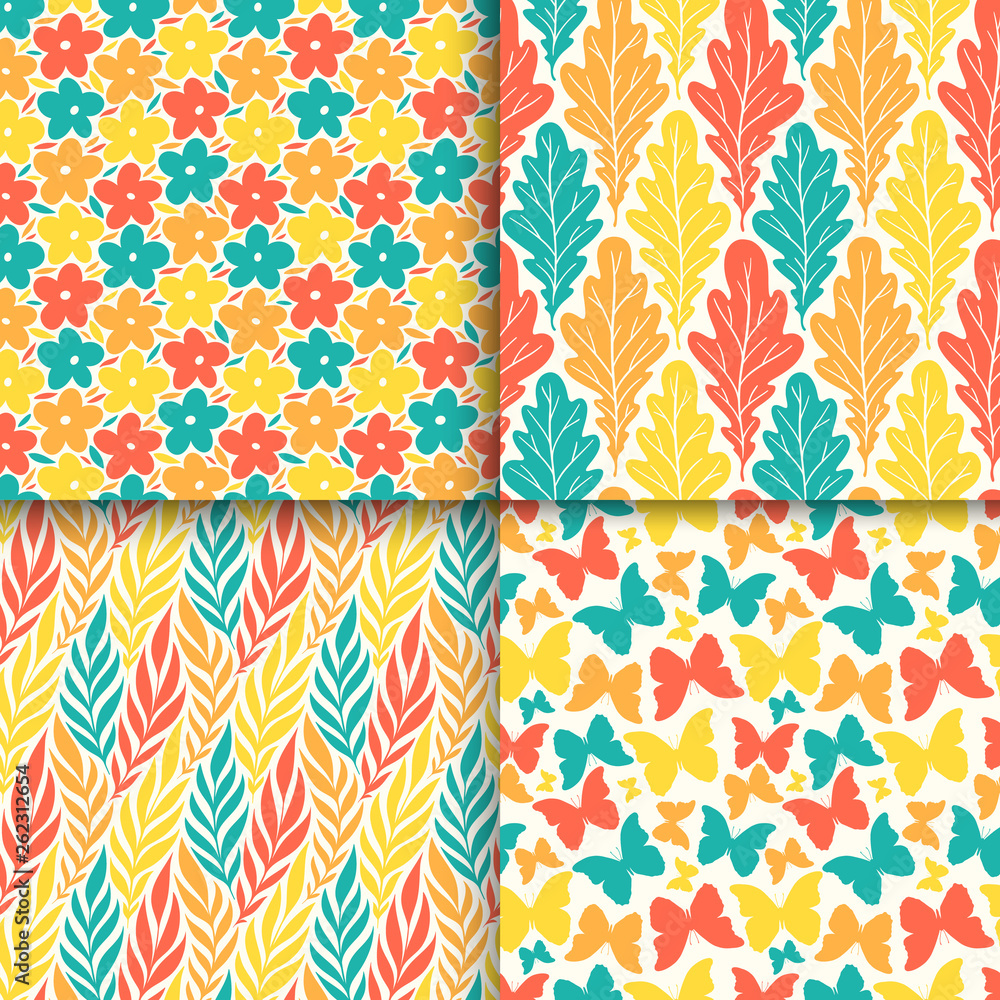 Abstract decorative doodle nature seamless patterns set. Hand drawn silhouette flowers, branches, leaves textures. Simple vector universal background. Vintage feminine colors Abstract decorative doodle nature seamless patterns set. Hand drawn silhouette flowers, branches, leaves textures. Simple vector universal background. Vintage feminine colors
