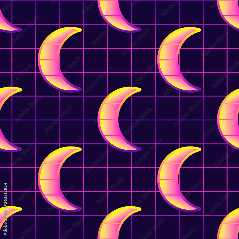 Mystical neon seamless pattern with crescent moons. Futuristic digital  vector wallpaper. Pastel goth, cyberpunk aesthetics. Laser grid background.  Stock Vector | Adobe Stock