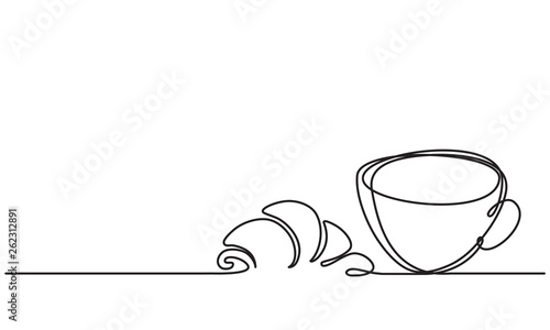 Cup and croissant. Coffee, tea. Vector sketch. Continuous line drawing