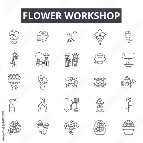 Flower workshop line icons, signs set, vector. Flower workshop outline concept illustration: workshop,flower,destyle,craft,handmade