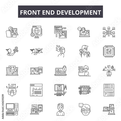 Front end development line icons, signs set, vector. Front end development outline concept illustration: web,development,technology,business,decomputer,coding