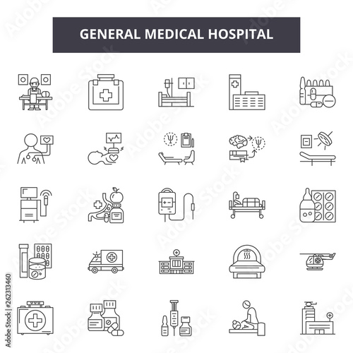 General medical hospital line icons, signs set, vector. General medical hospital outline concept illustration: hospital,medical,general,care,doctor,health,nurse,medicine