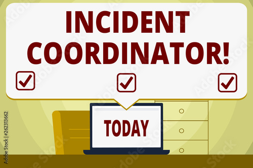 Conceptual hand writing showing Incident Coordinator. Concept meaning responsible for the integrity of the Incident Speech Bubble Pointing White Laptop Screen in Workspace Idea