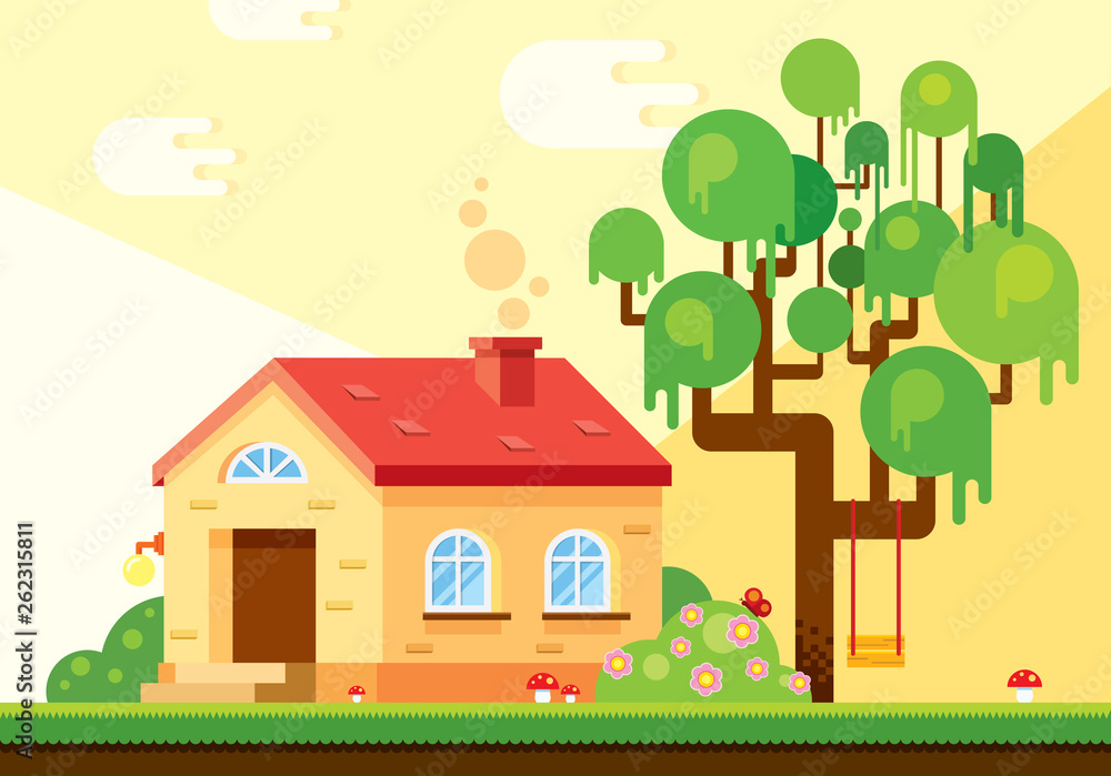 Exterior background location in warm summer tones, which includes a house, a tree, flowering bushes, a lawn with red mushrooms and clouds. Vector illustration in flat style for game.