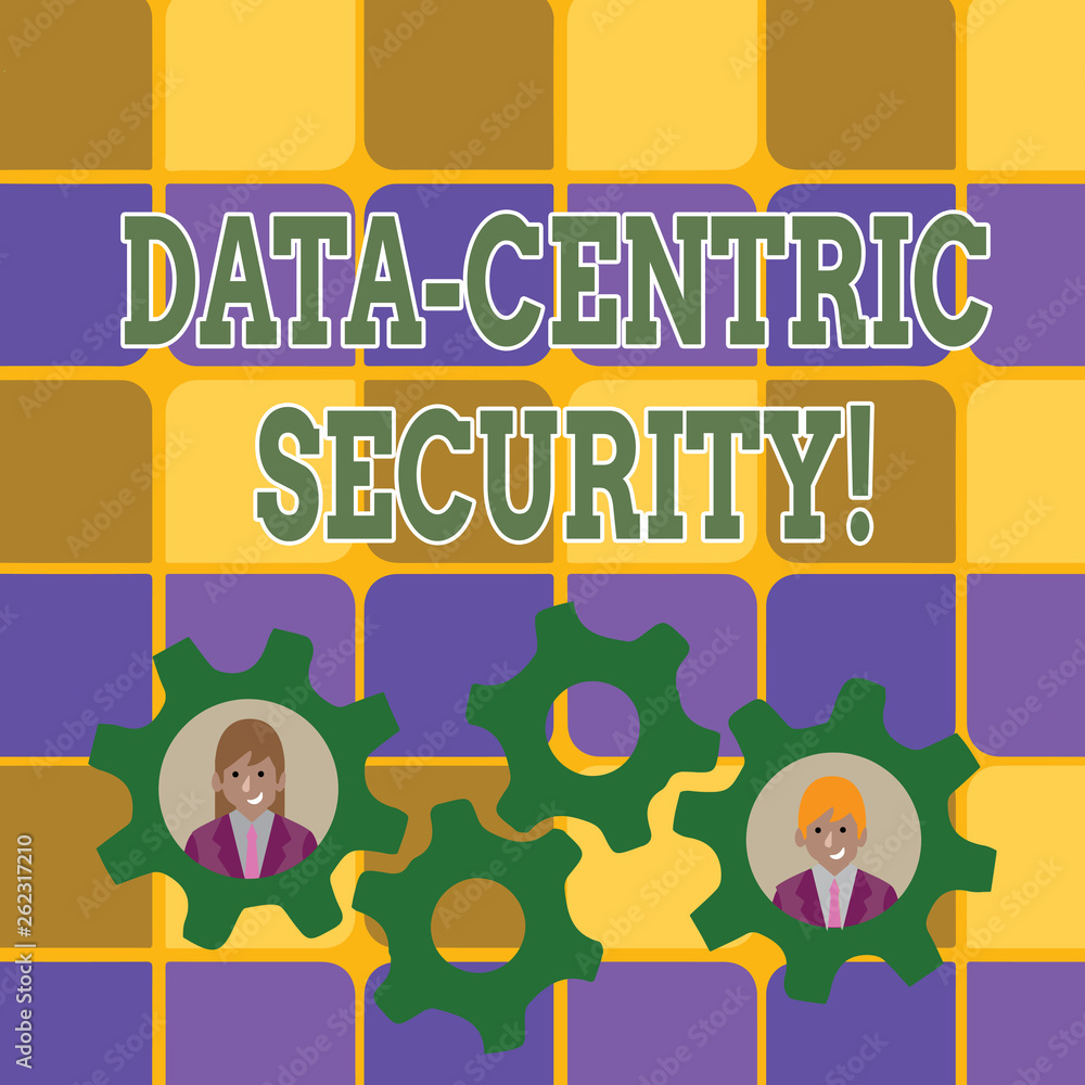 Fototapeta Word writing text Data Centric Security. Business photo showcasing Identify and protect data wherever it resides Two Business People Each Inside Colorful Cog Wheel Gears for Teamwork Event
