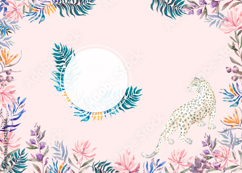 Watercolor exotic circle frame with tropical leaves  flowers and leopard for wedding  invite  birthday card  banner. Isolated illustrarion summer colors on blue background. Retrospective