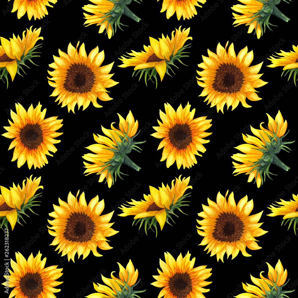 Seamless pattern with sunflowers on black background.