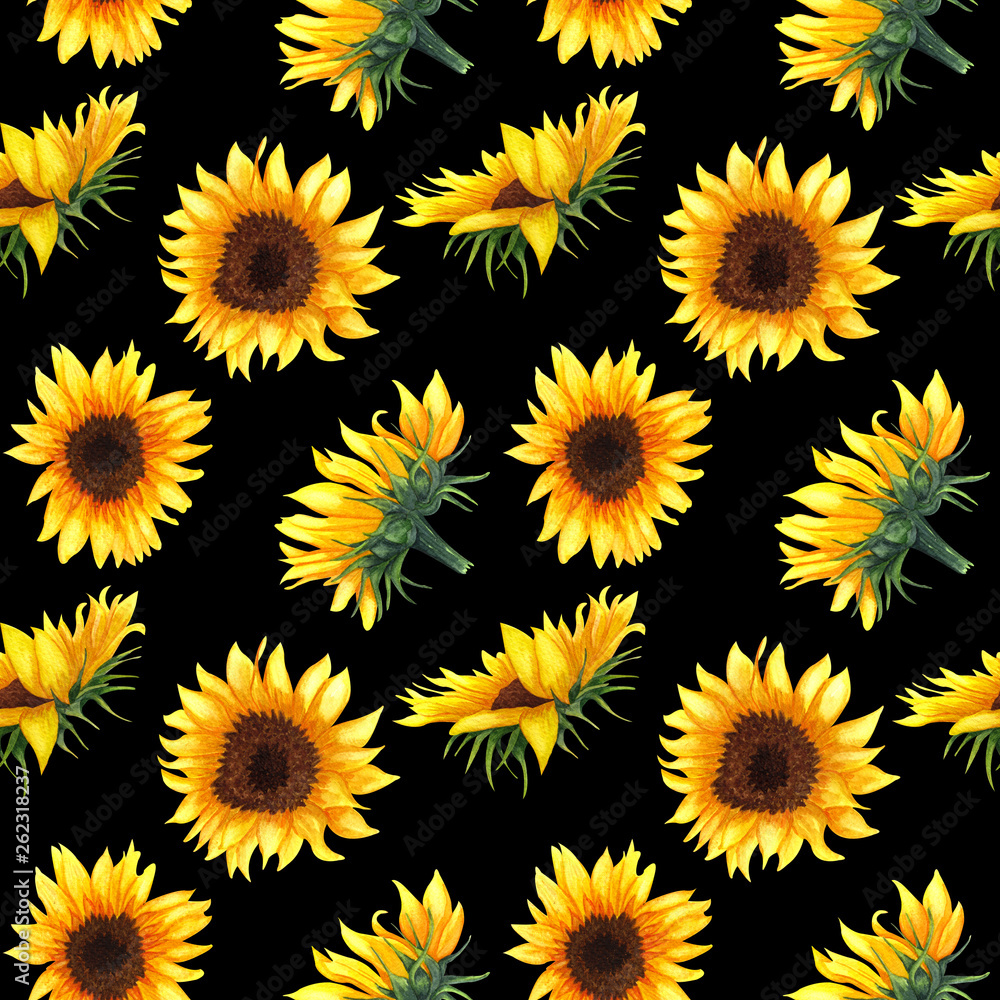 Seamless pattern with sunflowers on black background. Stock ...