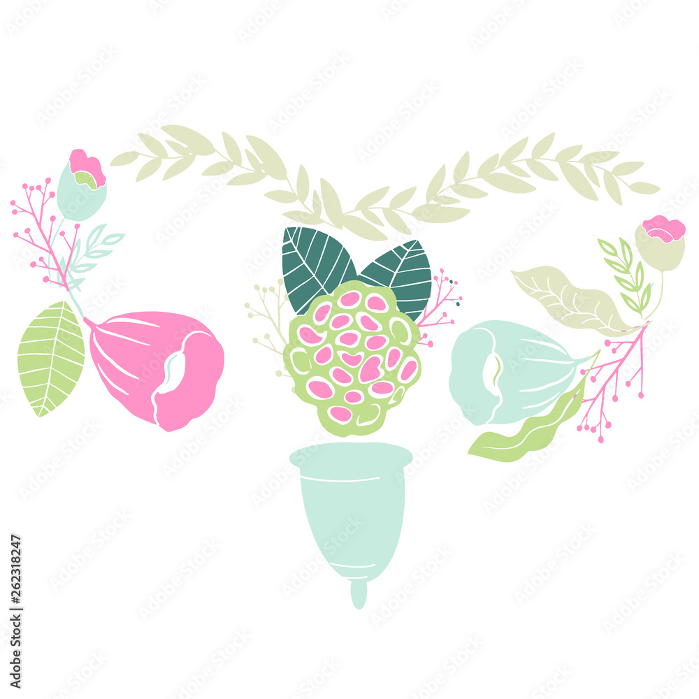 women's menstrual cup with flowers in handdrawn style. Lettering -I love myl cup