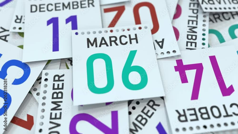 Calendar leaf with March 6 date, 3D animation Calendar leaf with March 6 date, 3D animation
