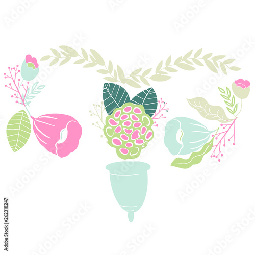 women s menstrual cup with flowers in handdrawn style. Lettering -I love myl cup