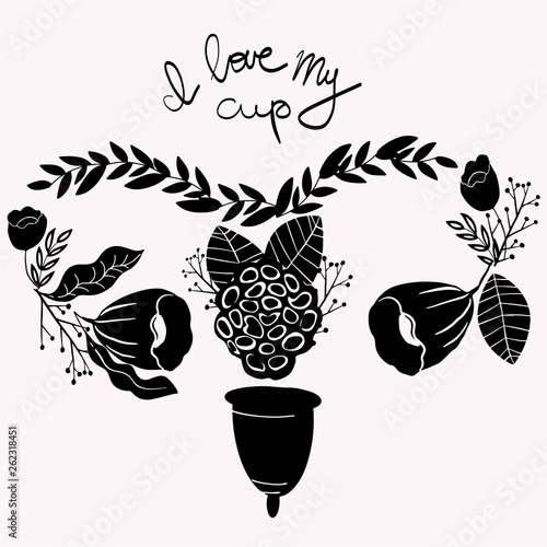 women's menstrual cup with flowers in handdrawn style. Lettering -I love myl cup photo