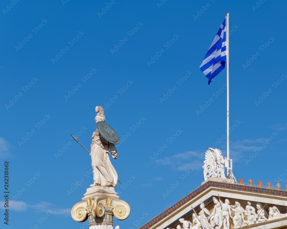 Athena statue the ancient greek goddess of science and wisdom and Greek flag on national academy's pediment