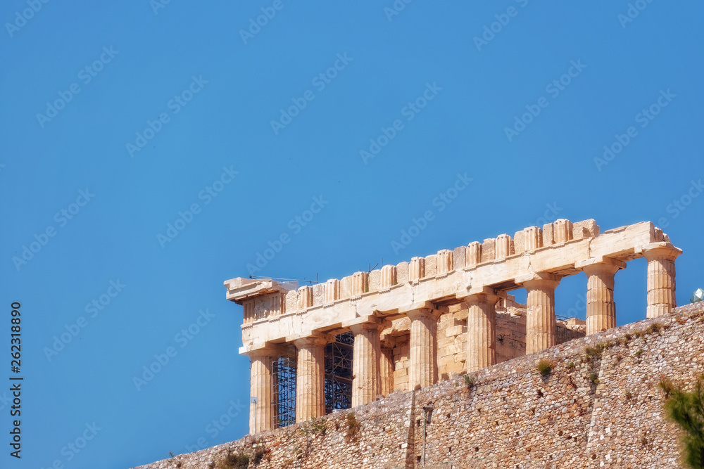 Parthenon ancient temple on acropolis hill, Athens Greece, plenty of space for text